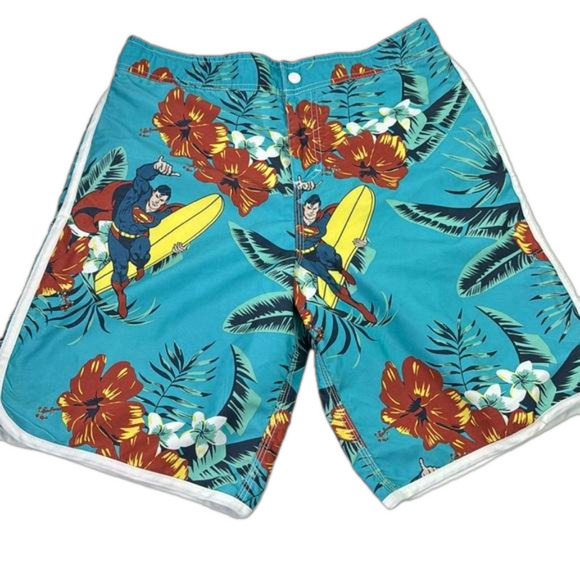 DC Comics Men's/Unisex Superman Surfing Tropical Blue Board Shorts - Picture 1 of 11